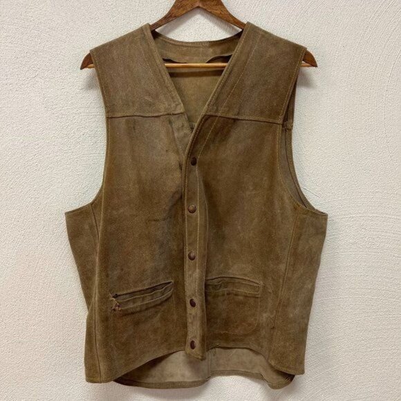 First Men's Genuine Leather Vest Jacket Front Button V Neck Brown Size X Large - Picture 4 of 8